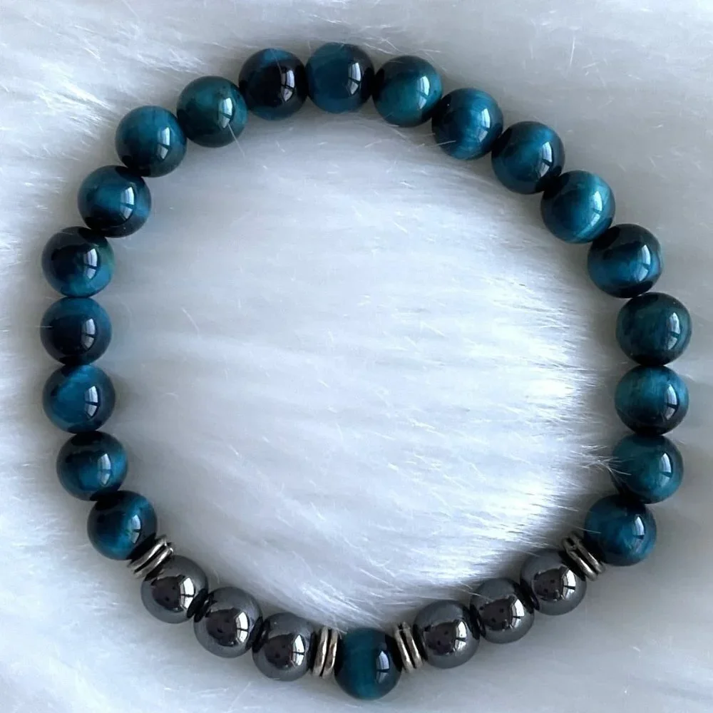 BLUE TIGER’S EYE BRACELET GEM BEAD BRACELT UNISEX NEW